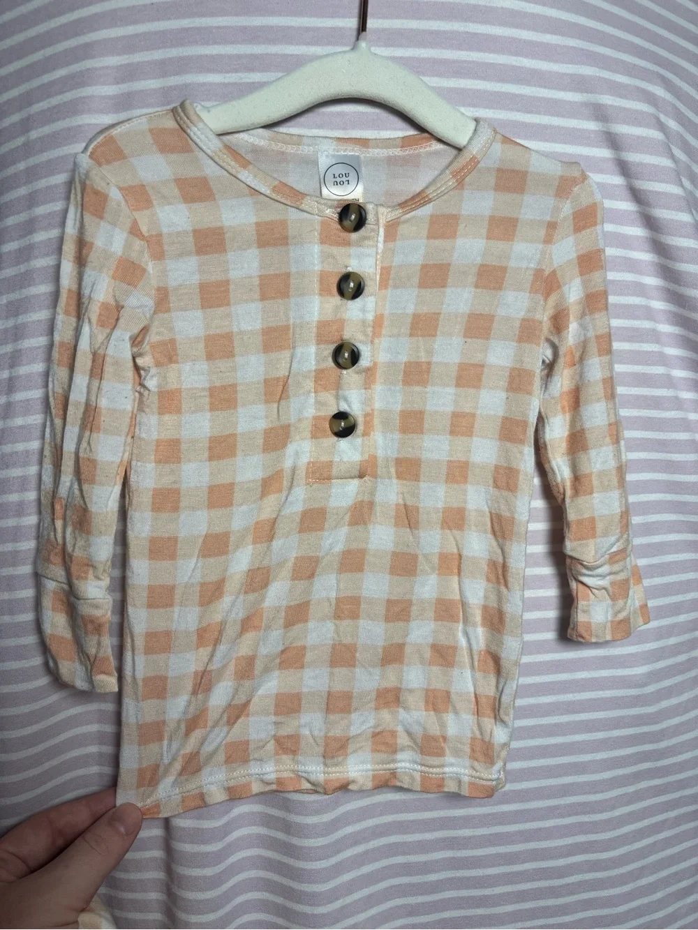 Lou Lou & Company Peach and White Gingham Henley Top